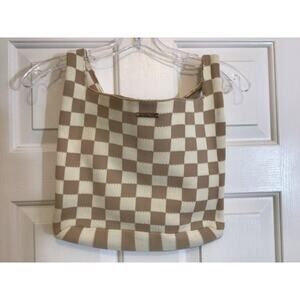 NWT Kopari Limited Edition Checkered Knit Blue Tan Cream Tote Bag 11” x 14”